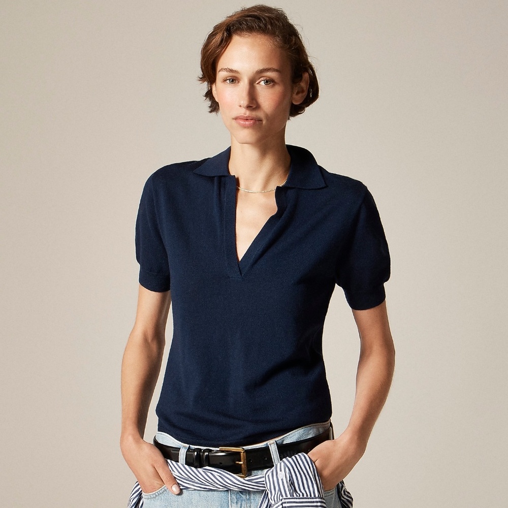J. Crew Navy Blue Short-sleeve Sweater-Polo in Merino Wool - M